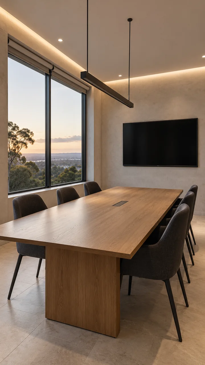 Contemporary meeting room with roller blinds fully raised, display off, and general lighting on.