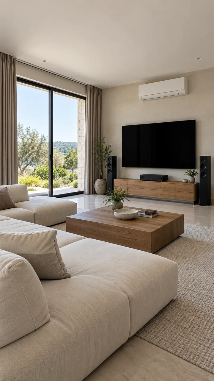 Daylit living room: open curtains, dark TV, closed AC outlet, stereo speakers and receiver off.